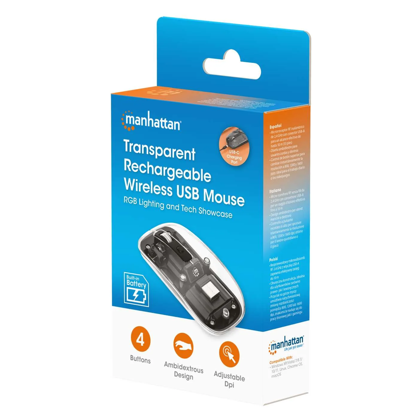Manhattan mouse wireless trasparente ricaricabile 1600 DPI nero