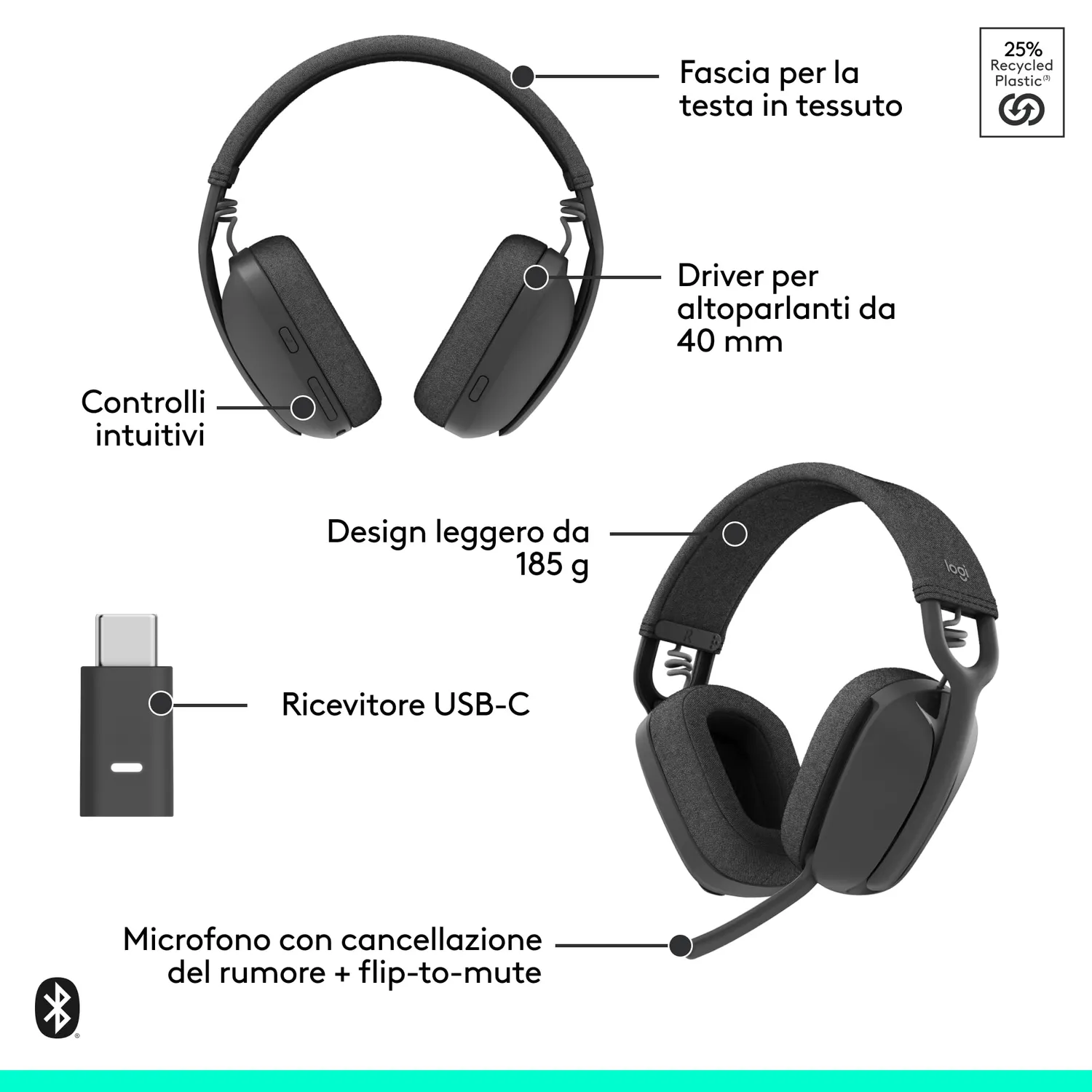 Logitech Zone Vibe cuffie bluetooth grigio USB-C con microfono