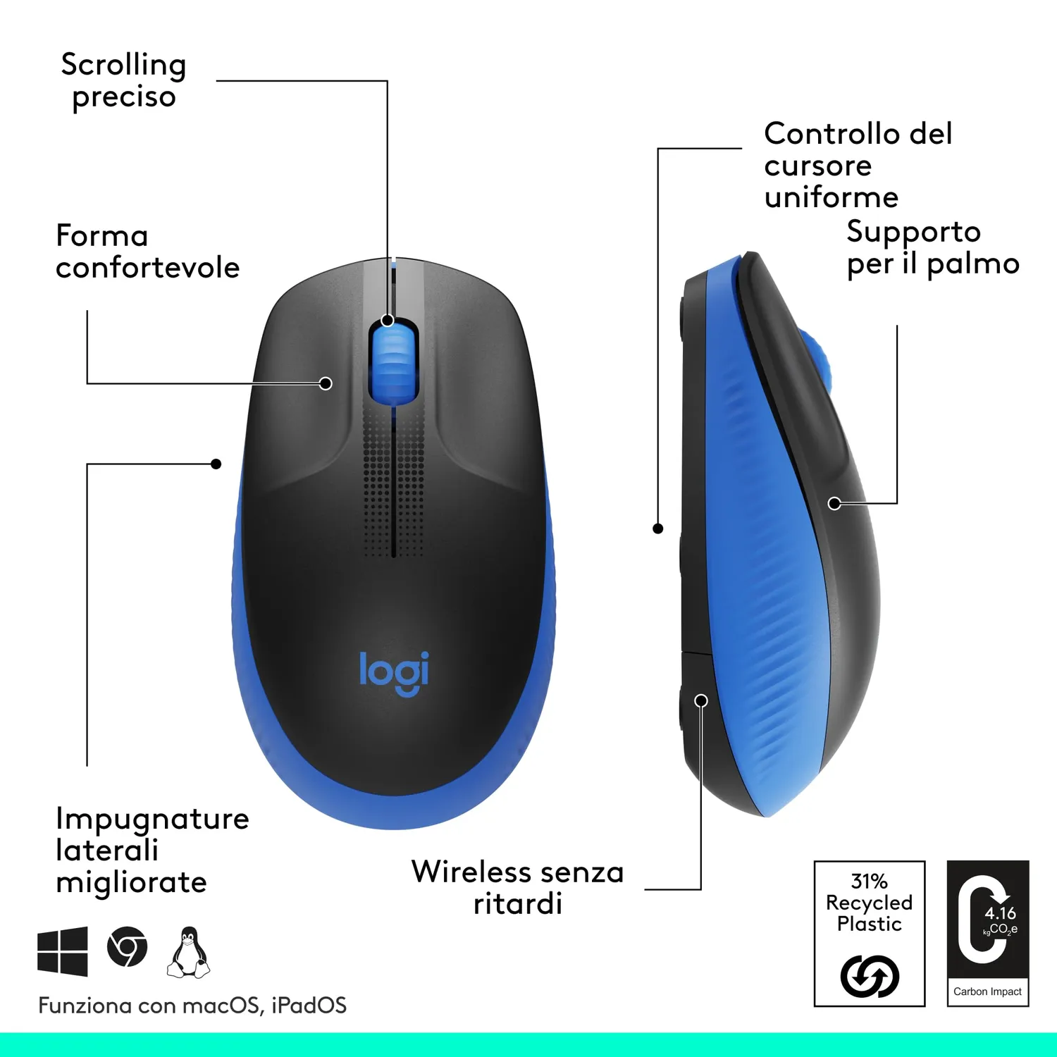 Logitech M190 mouse wireless blu formato grande