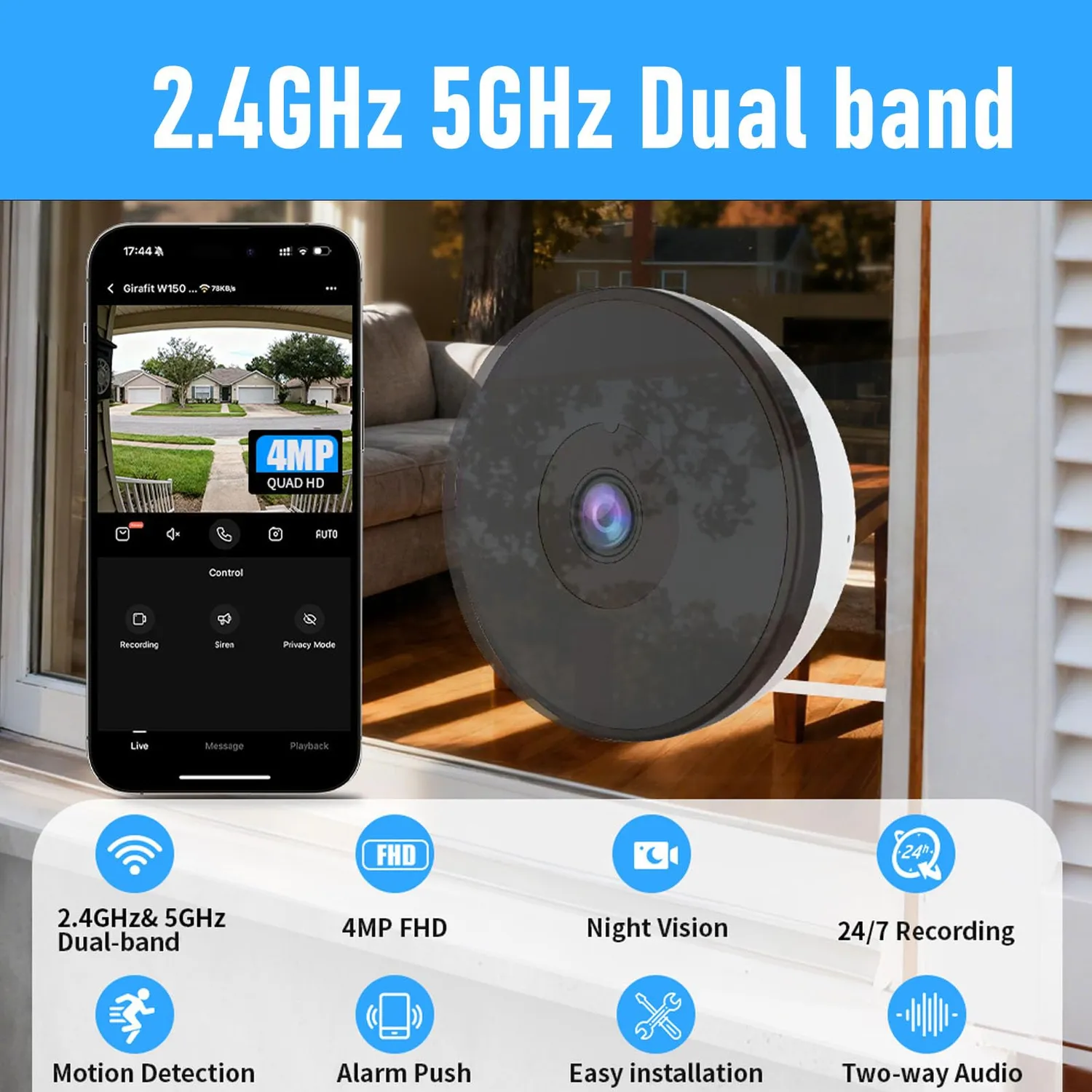 Zunate Telecamera Finestra 2K 4MP WiFi Notturna