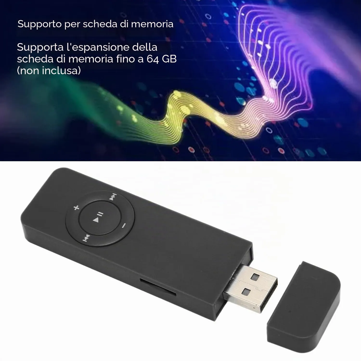Zunate Mini lettore MP3 nero 64GB con auricolari