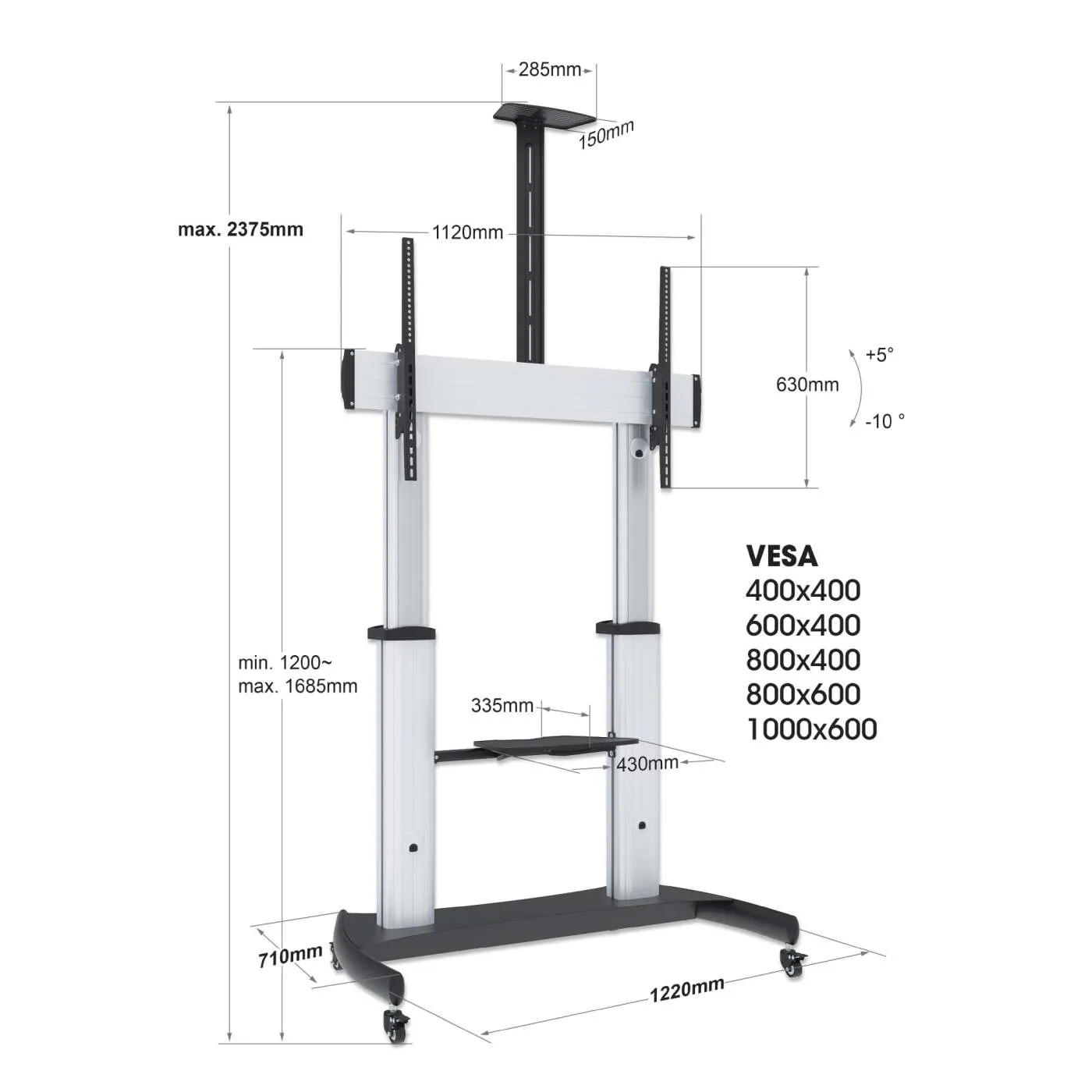Manhattan Carrello TV 60-100" Altezza Regolabile 100kg Nero