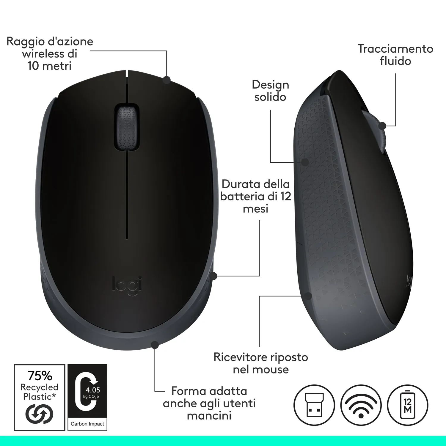 Logitech B170 mouse wireless grigio 2.4 GHz