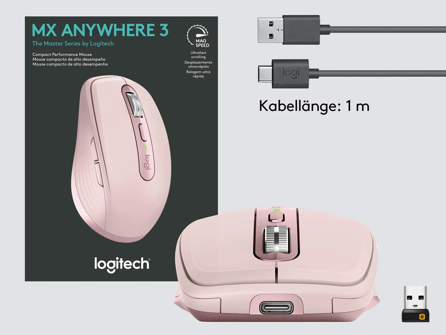 Logitech MX Anywhere 3 mouse wireless rosa vetro