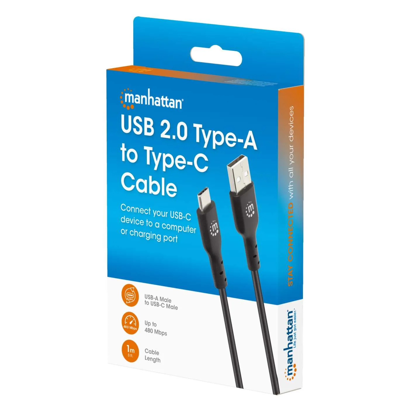 Manhattan USB 2.0 Type-A Type-C cavo ricarica 1 m 3A
