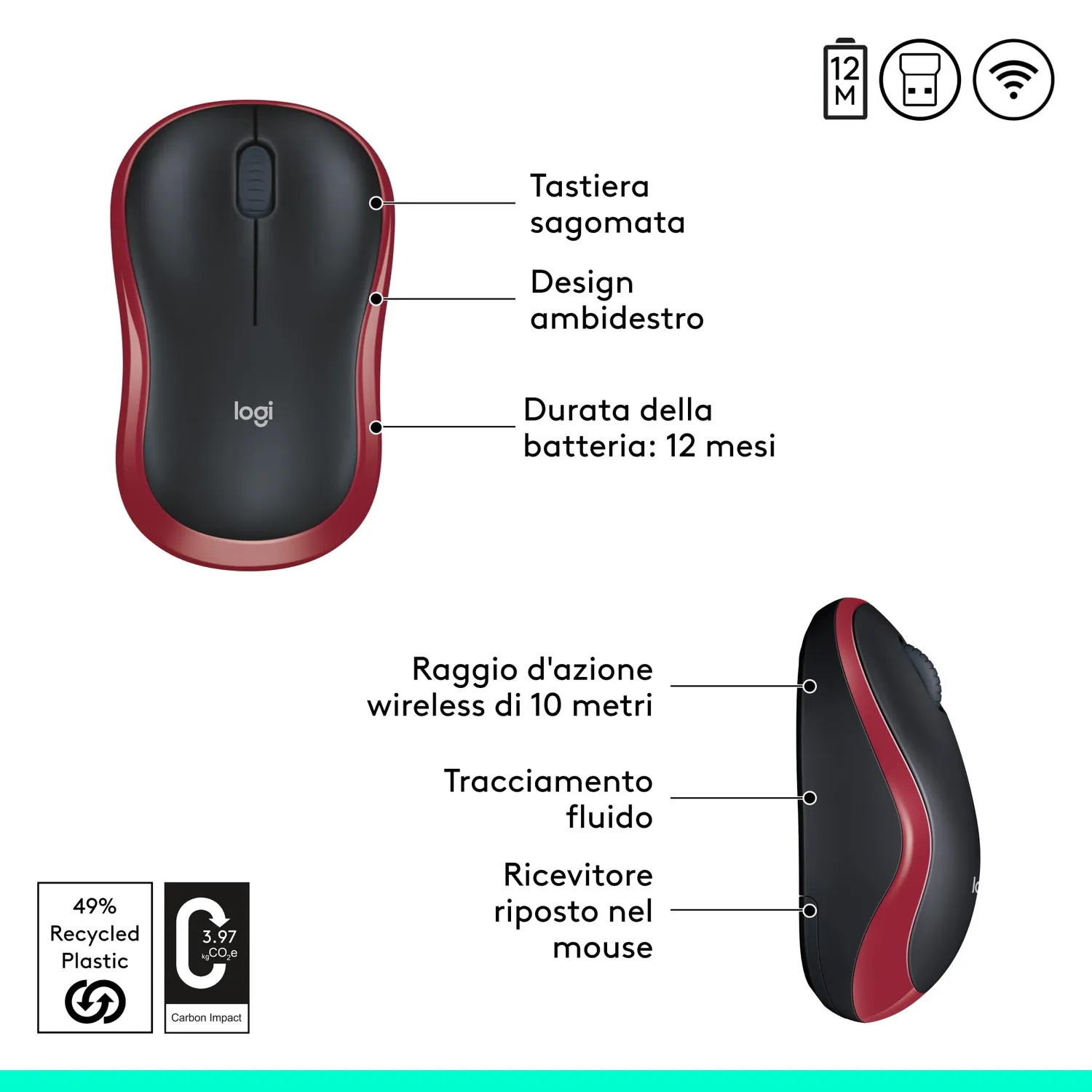 Logitech M185 mouse wireless rosso ricevitore USB 10 m