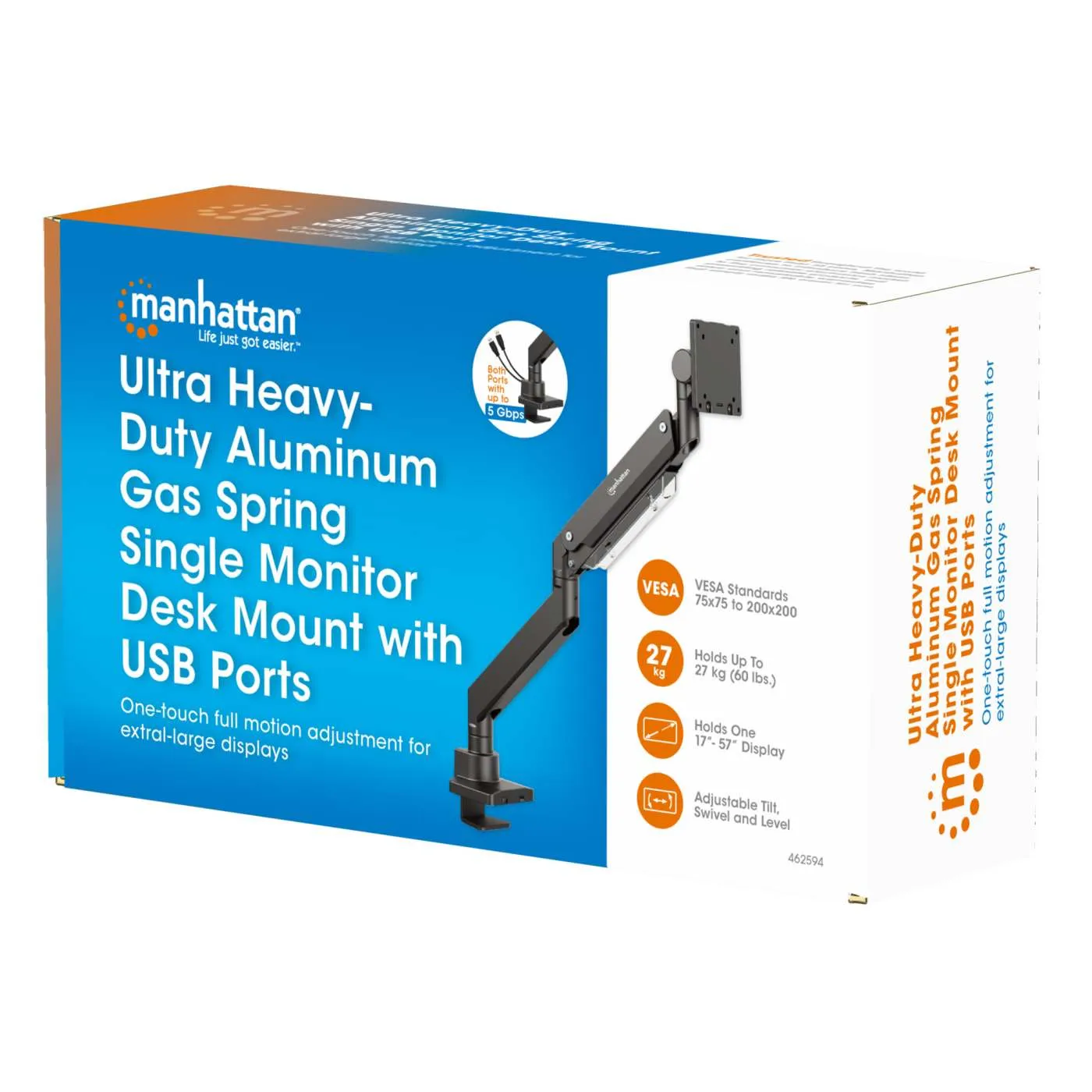 Manhattan braccio monitor singolo gas USB 32-55" nero