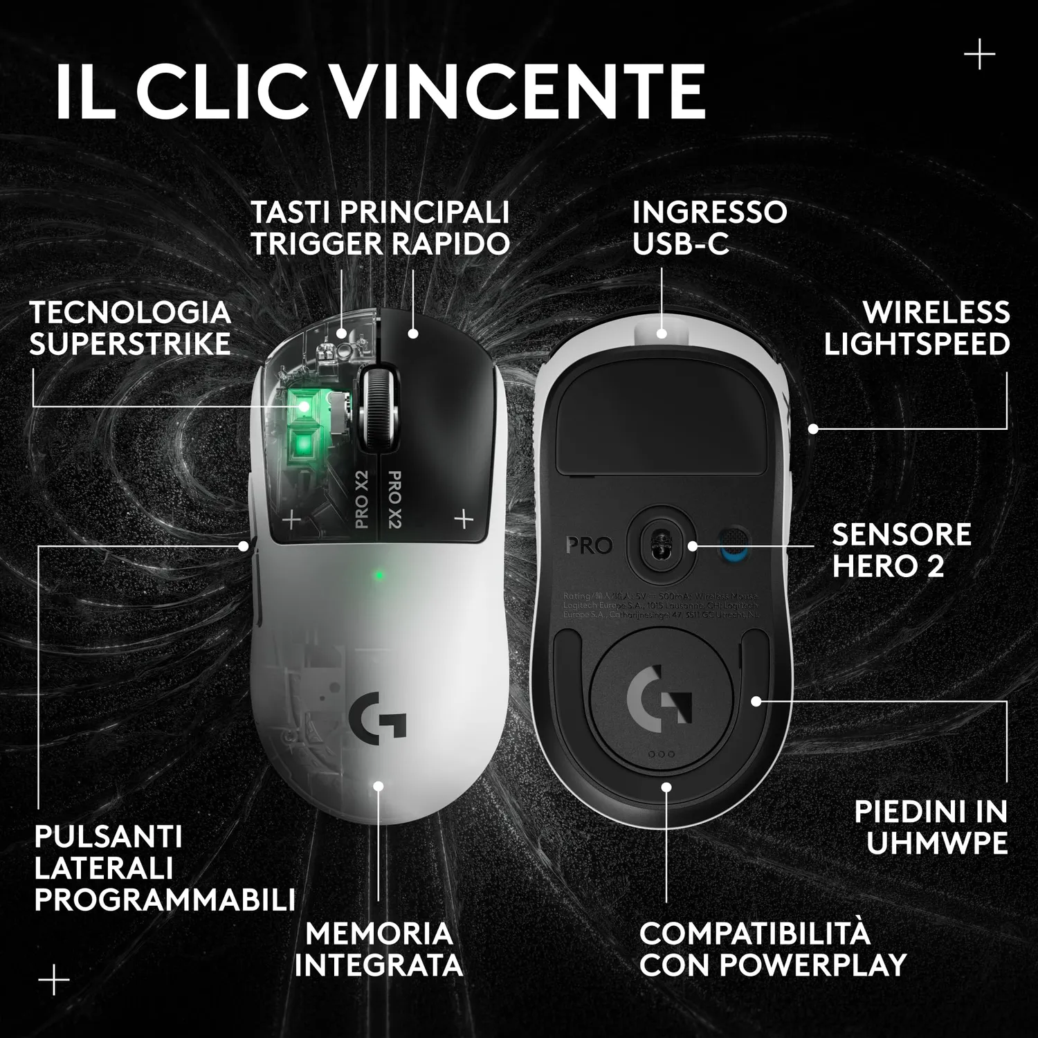Logitech G PRO X2 SUPERSTRIKE mouse gaming wireless bianco 44K DPI