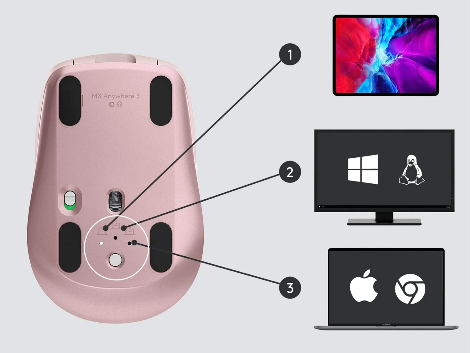 Logitech MX Anywhere 3 mouse wireless rosa vetro
