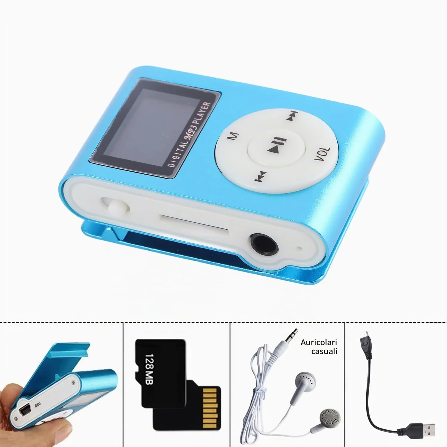 Zunate lettore MP3 mini metallo blu USB 2.0 con clip