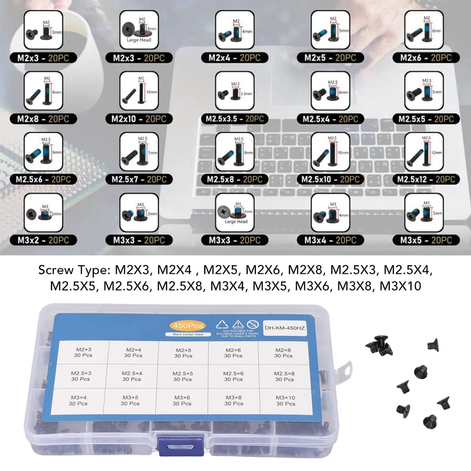Zunate Set 450 Viti Laptop in Acciaio Universali con Scatola