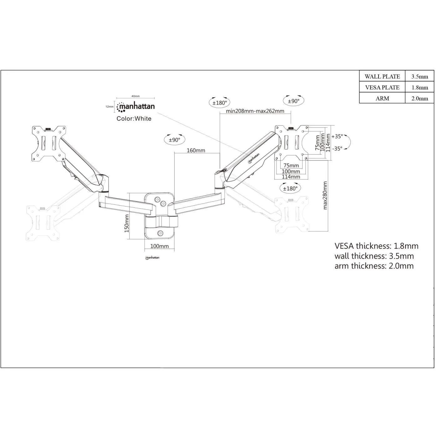 Manhattan supporto 2 monitor a muro 17-32" gas 8kg