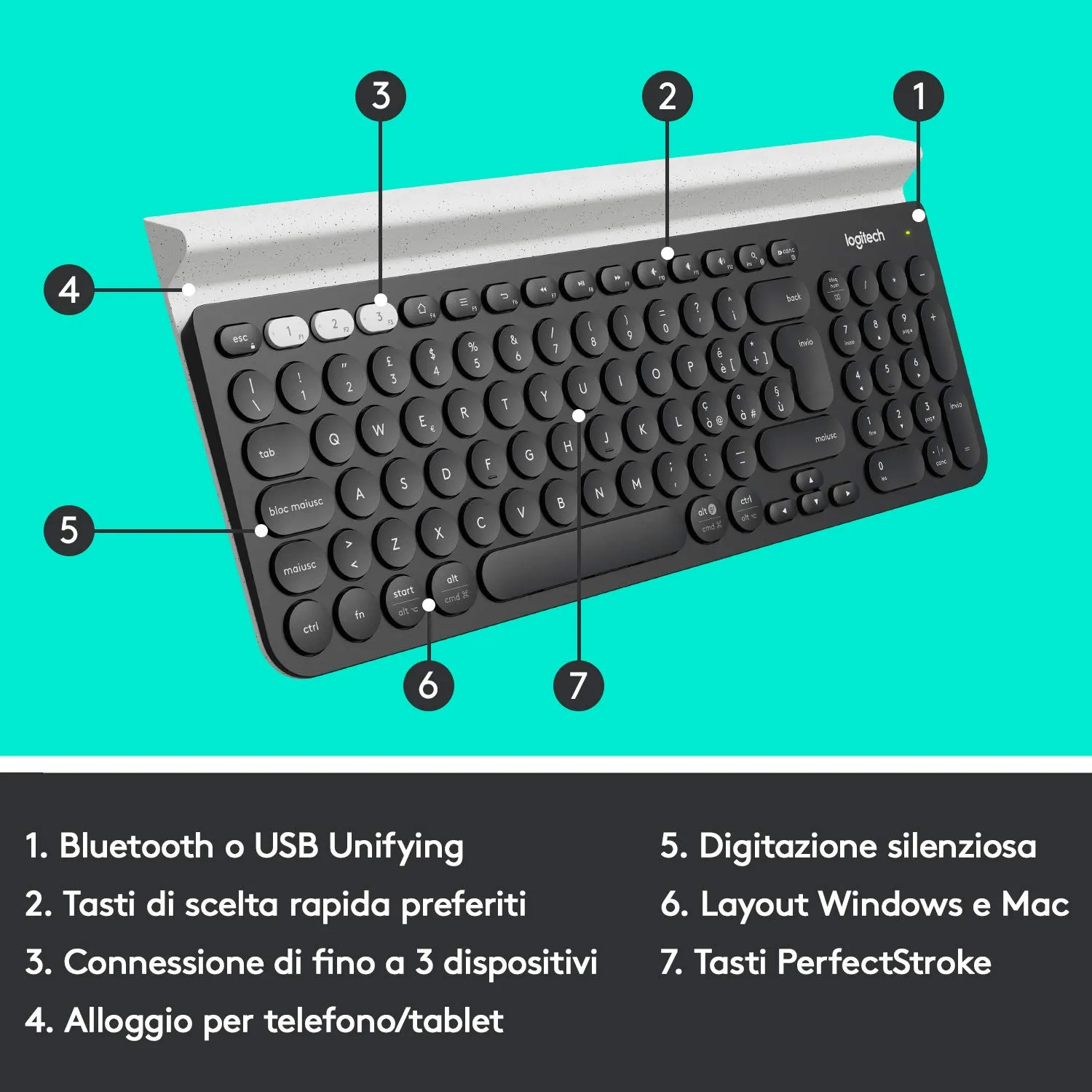 Logitech K780 tastiera wireless grigia bluetooth ITA QWERTY