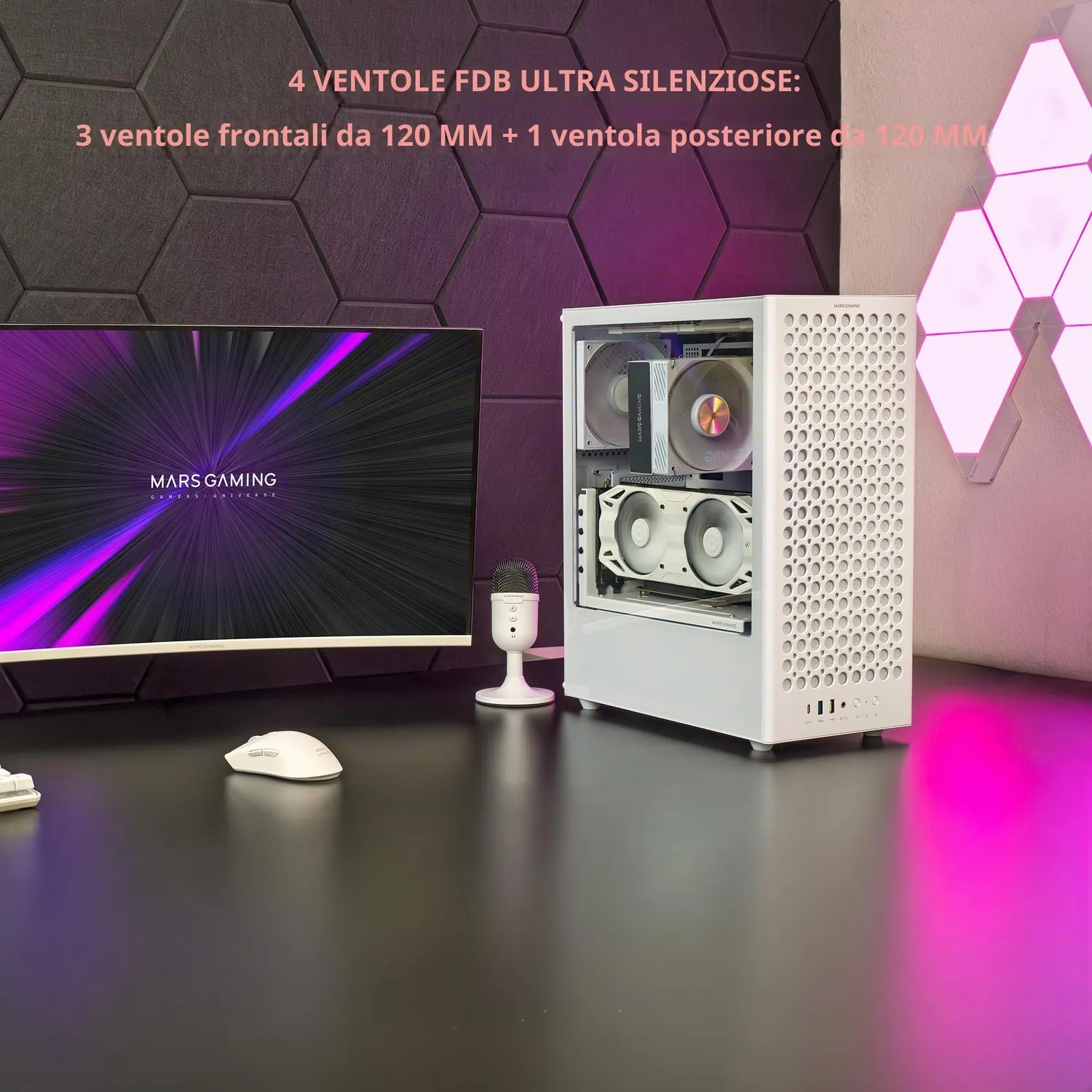 Mars Gaming MC-T800 case ATX bianco vetro 4 ventole