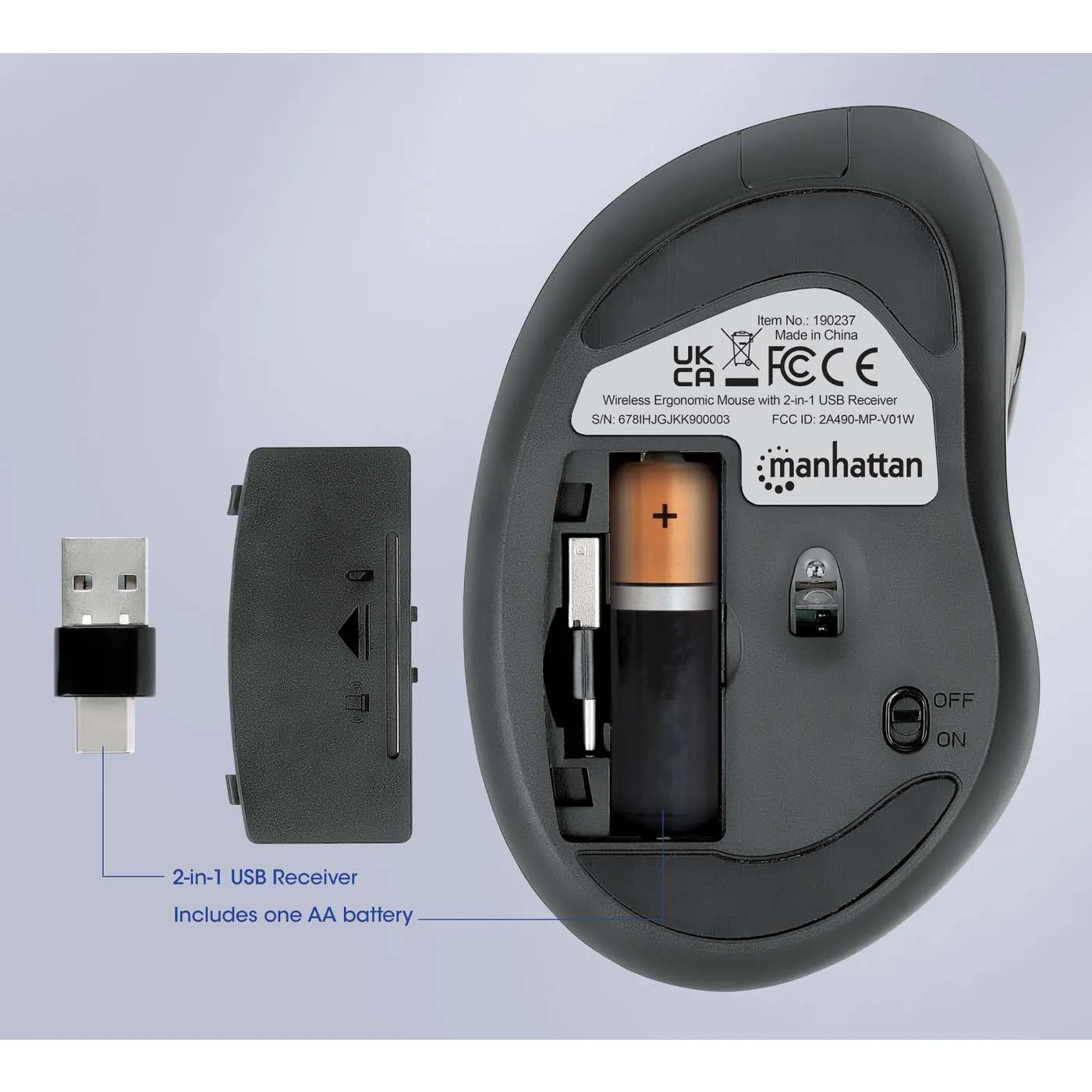 Manhattan Ergonomic Mouse Wireless 1600 DPI Nero