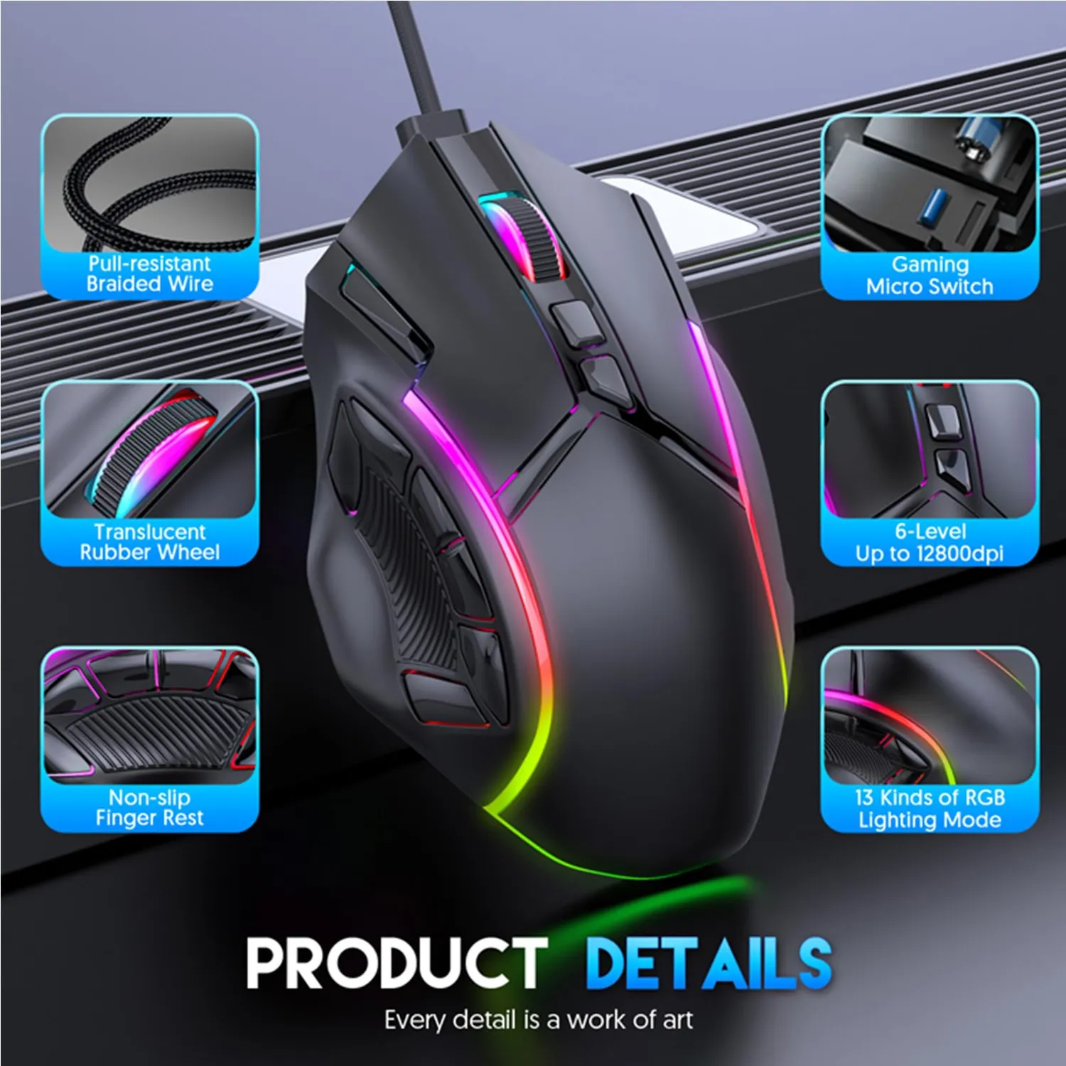 Zunate Mouse Gaming RGB 12800 DPI 7 Tasti Cablato