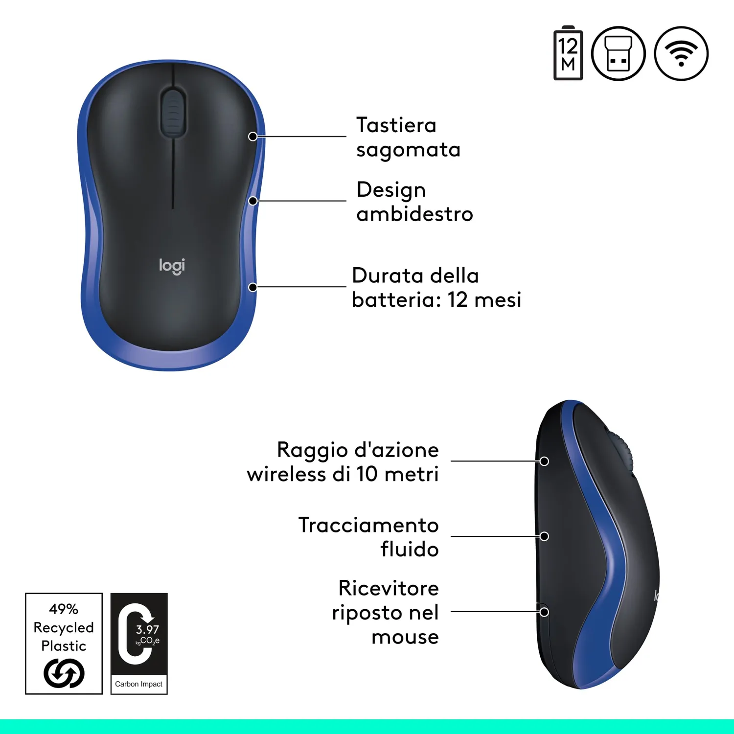 Logitech M185 Mouse Wireless Blu 2,4 GHz Compatto