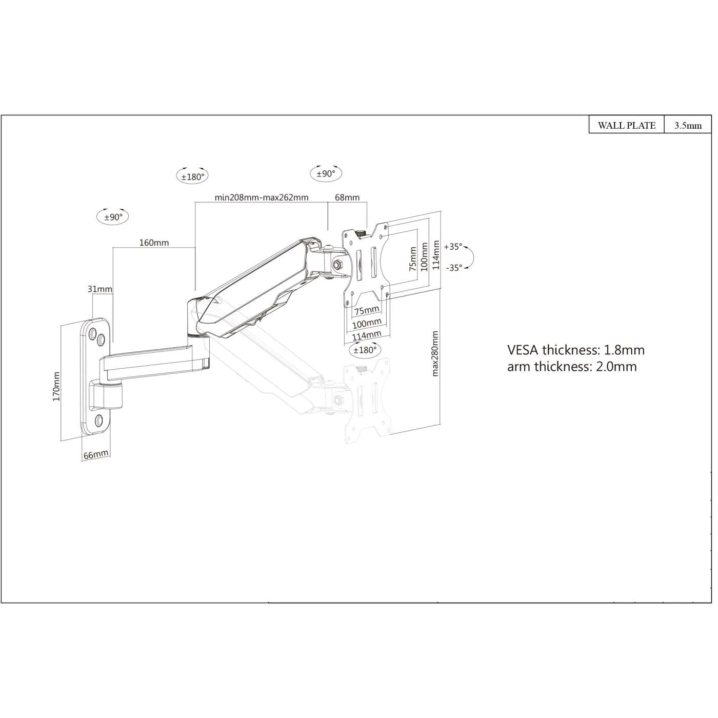 Manhattan Supporto Monitor a Muro 17-32" Braccio Gas Nero