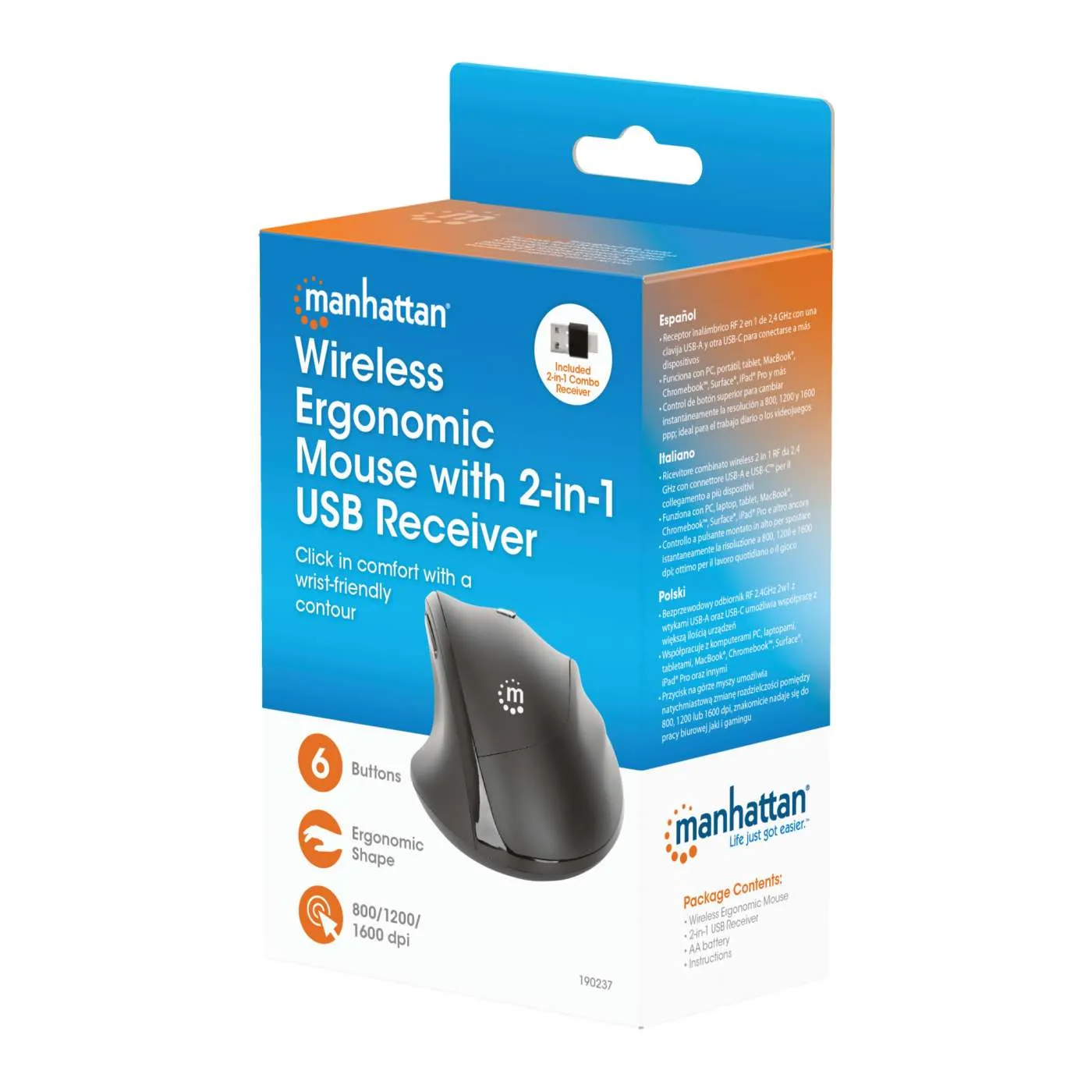 Manhattan Ergonomic Mouse Wireless 1600 DPI Nero