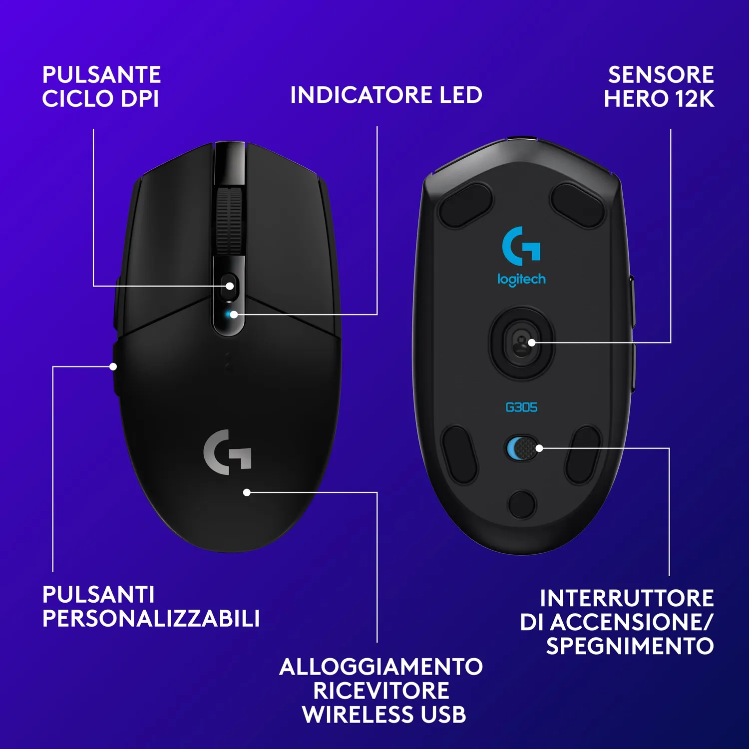 Logitech G G305 LIGHTSPEED mouse gaming wireless nero
