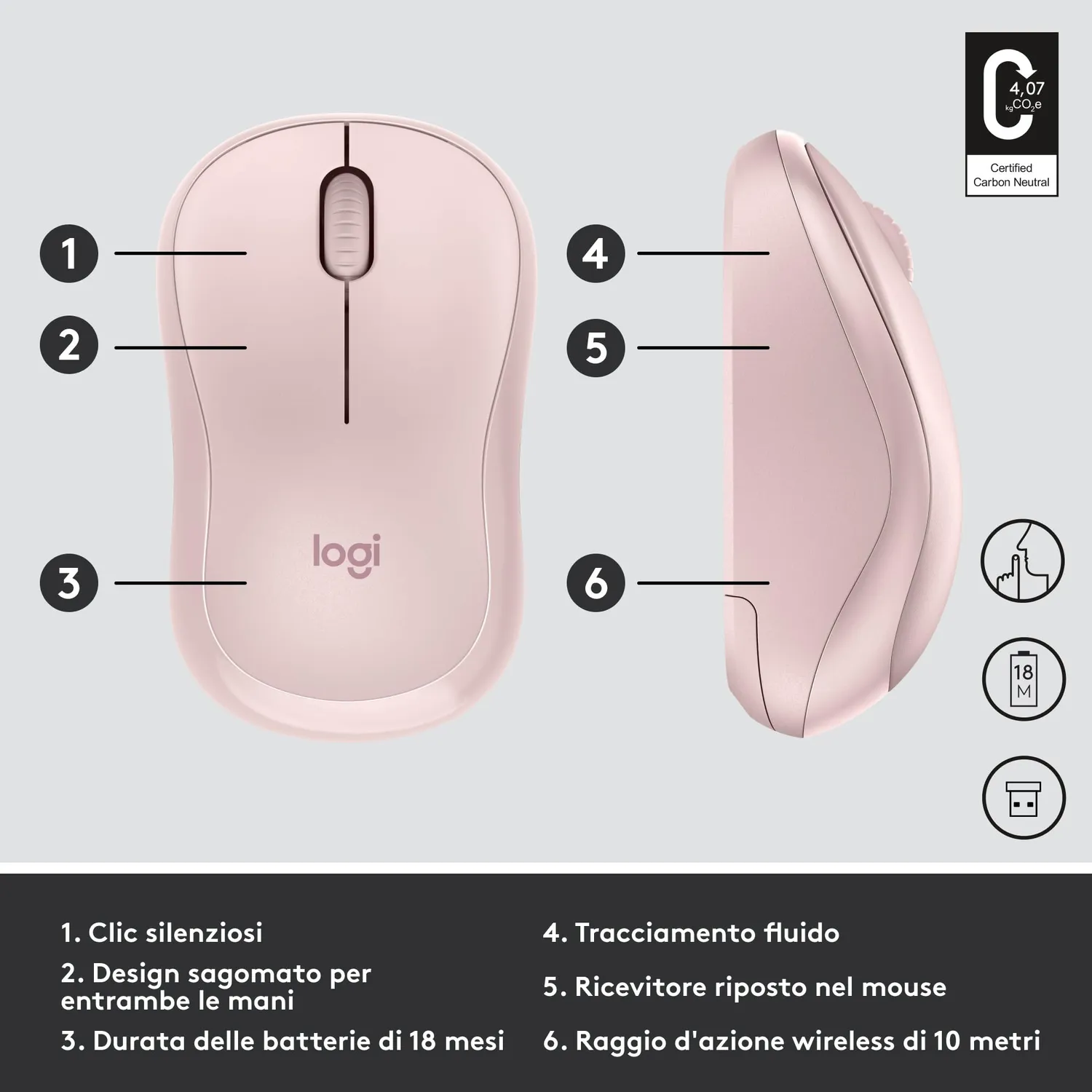 Logitech M220 Silent Mouse Wireless Rosa 18 Mesi