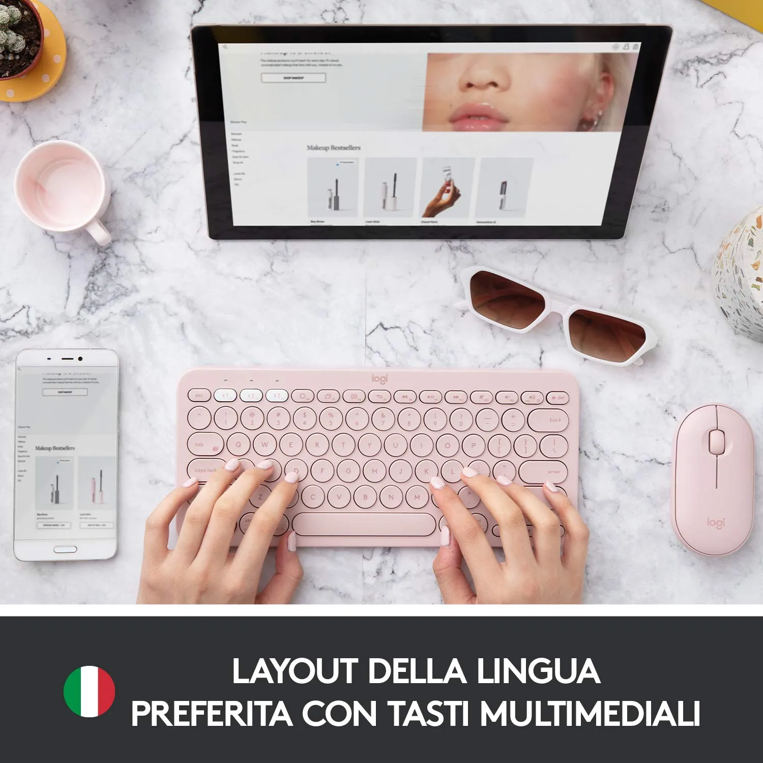 Logitech K380+M350 kit tastiera e mouse wireless rosa silen