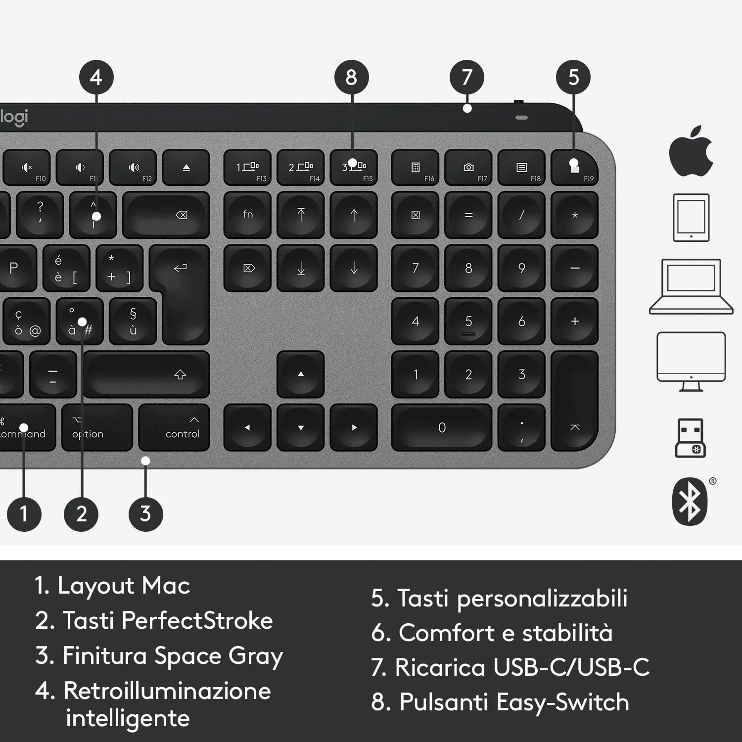 Logitech MX Keys for Mac tastiera wireless grigia retroilluminata