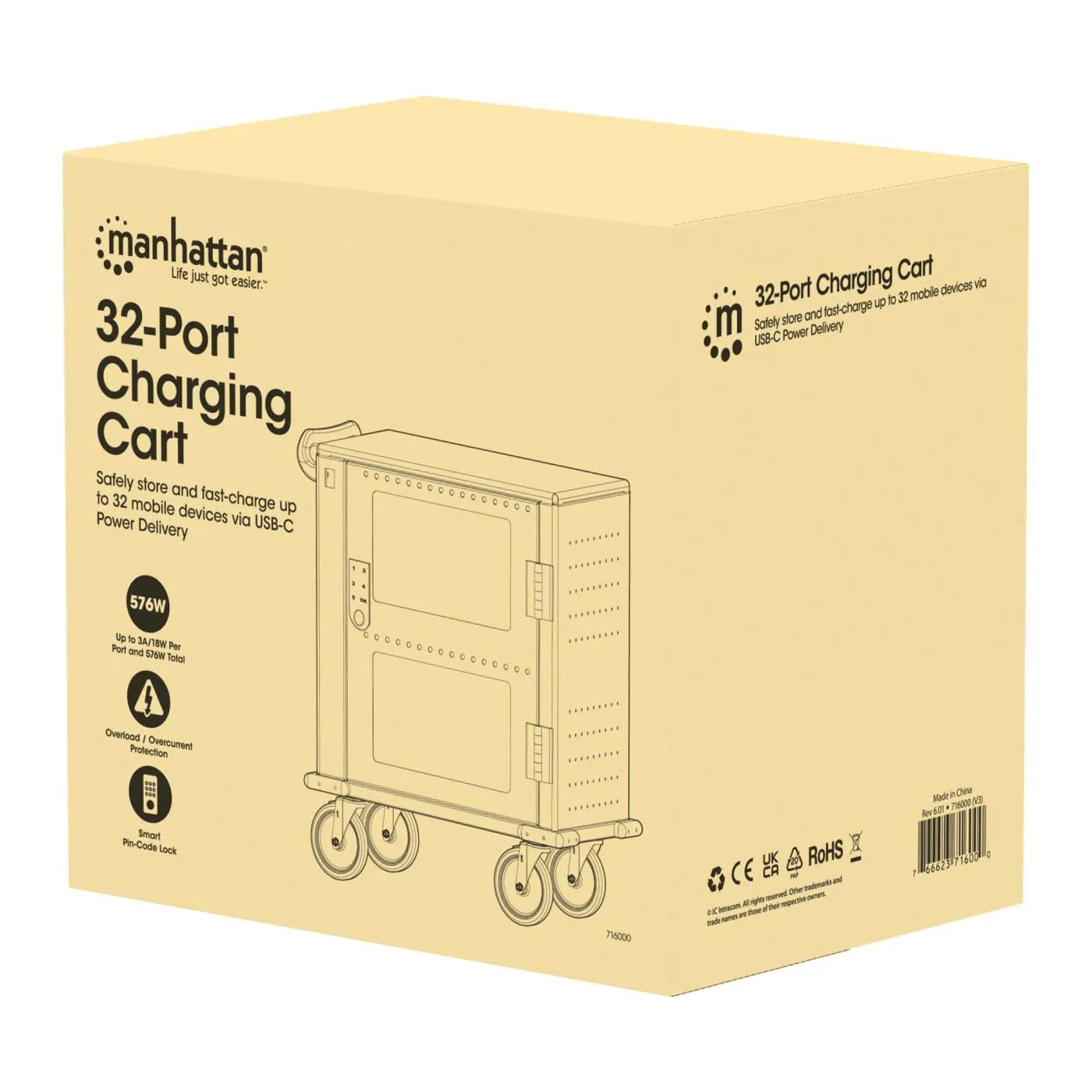 Manhattan carrello ricarica USB-C 32 porte 18W nero mobile