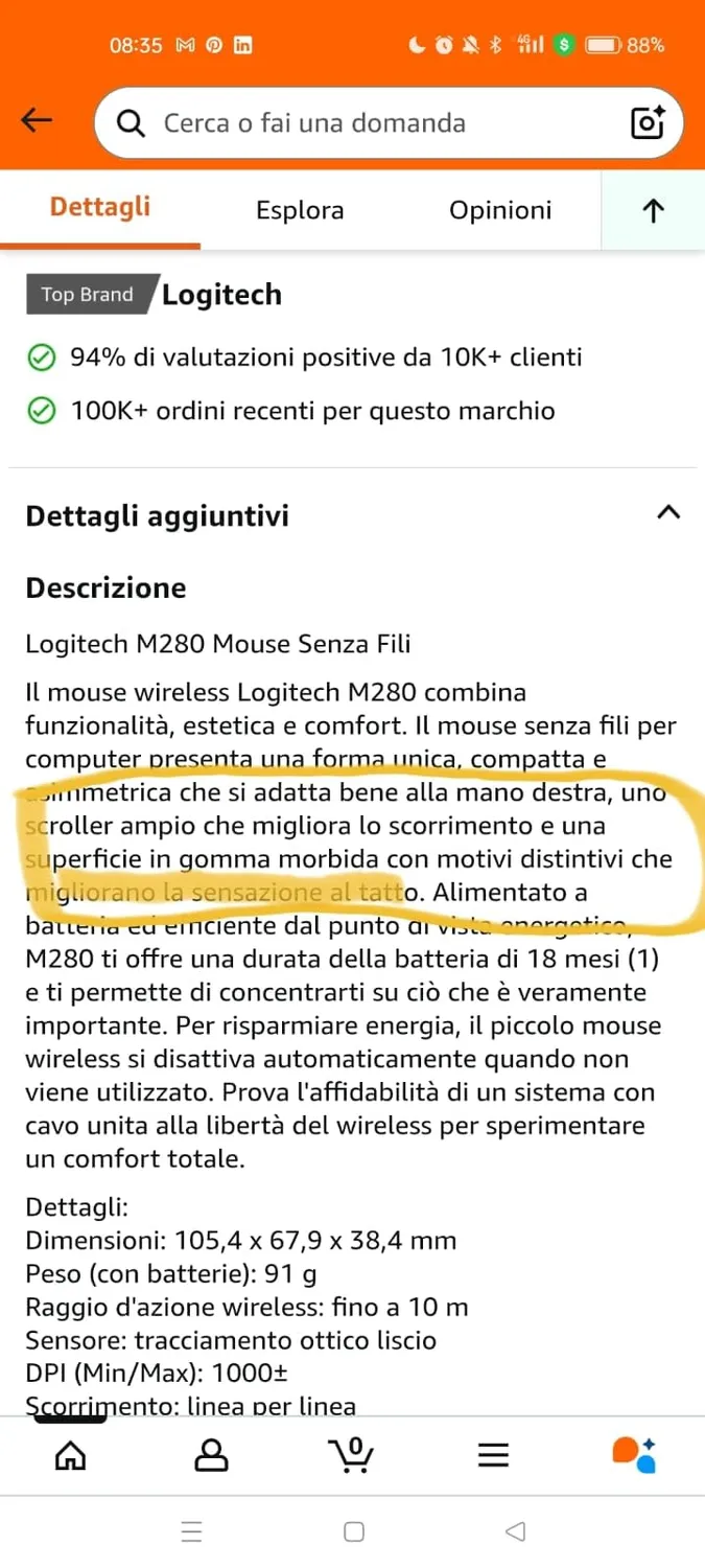 Logitech M280 mouse wireless blu 1000 DPI destrimano