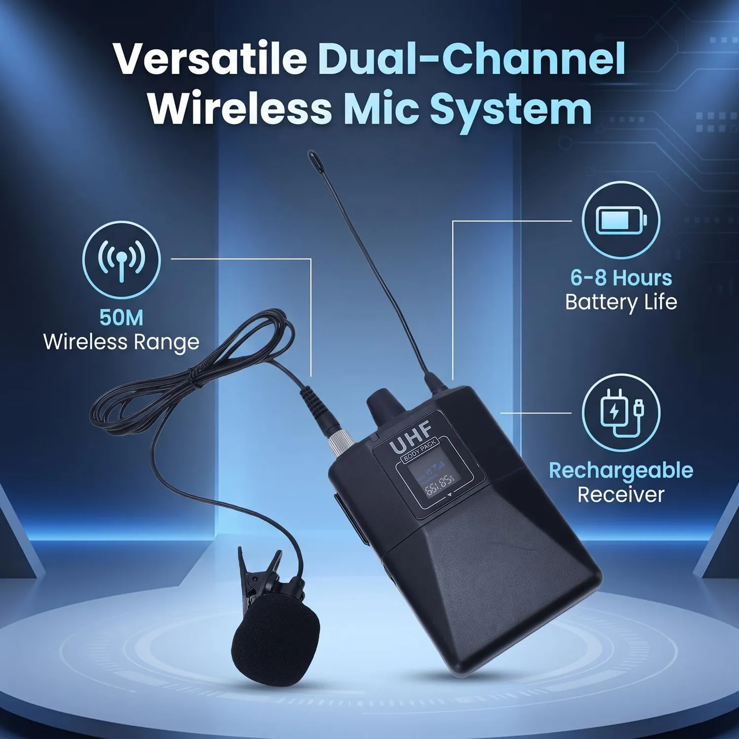 Zunate Microfono Lavalier Wireless Doppio 50m Clip