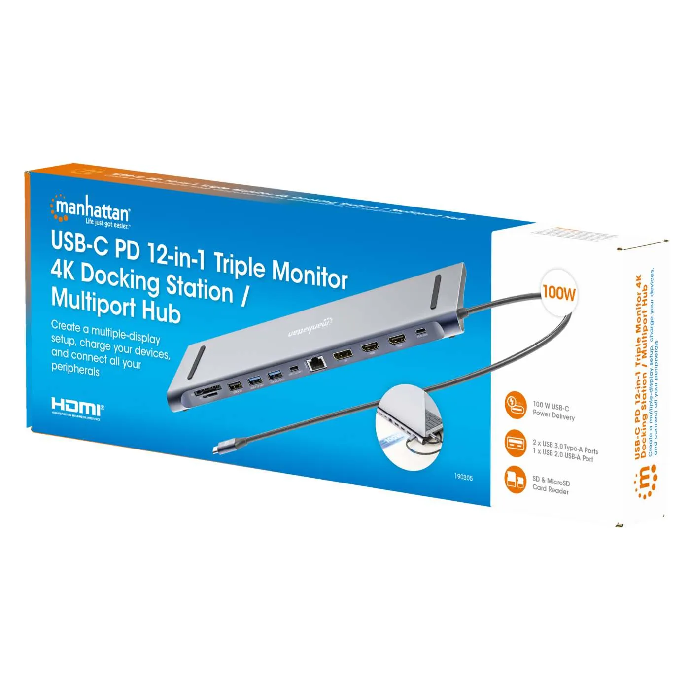 Manhattan 12-in-1 Triple Monitor 4K docking station USB-C 3x 4K